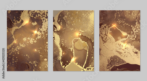 Set of marble patterns. Fortuna gold and brown geode textures with glitter