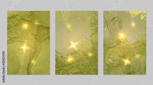 Set of marble patterns. Green and gold geode textures with glitter