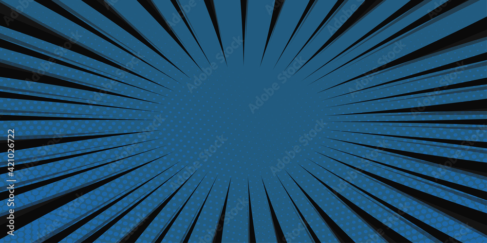 Obraz premium Comic book pop art strip radial on grey and blue background