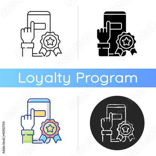 In-app perks icon. Accrual bonuses for using application of stores. Cashback and rewards apps. Consumers shop and save money. Linear black and RGB color styles. Isolated vector illustrations