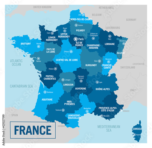 France country political map. Detailed vector illustration with isolated provinces, departments, regions, cities, islands and states easy to ungroup.