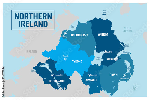Northern Ireland country political map. Detailed vector illustration with isolated provinces, departments, regions, counties, cities, islands and states easy to ungroup.