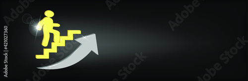 Climbing Businessman. A man goes up the stairs with an arrow, growth of business concept and the path to success. 3D vector illustration