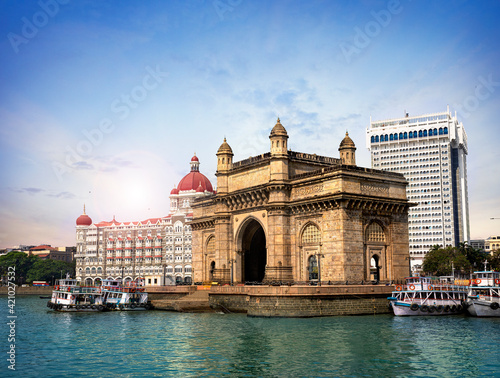 Gateway of India, famous hotel Mumbai Maharashtra monument landmark famous place  magnificent view without people with copy space for advertising Mumbai city photo