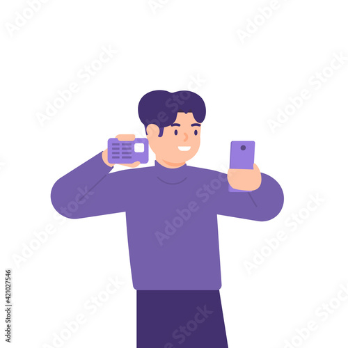 an illustration of a man taking a picture or selfie. take a photo of his own face and show an identity card. flat style. vector design