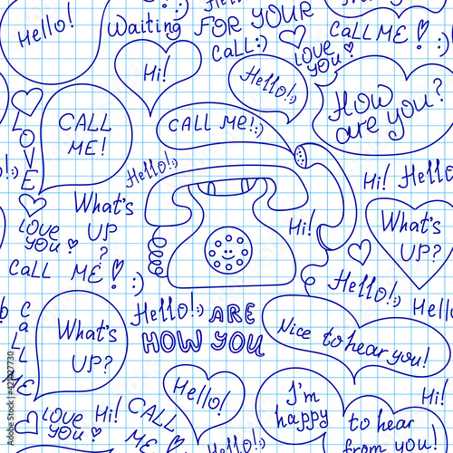 Vector seamless pattern with hand drawn retro phones and small talk phrases