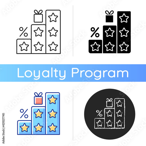 More points and rewards icon. Tier program. Tiered loyalty program. Purchasing things and getting bonuses. Discounts. Linear black and RGB color styles. Isolated vector illustrations