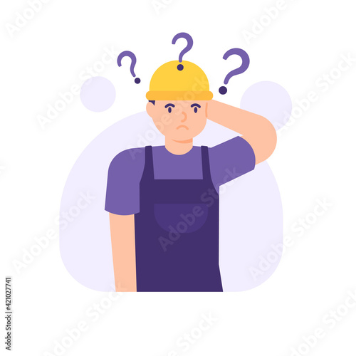 the expression of a confused or problematic male worker or laborer. someone who needs help or a solution, question mark. flat style. vector illustration design