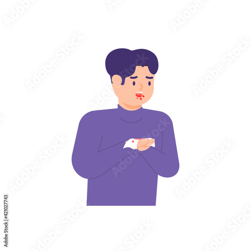 a man vomiting blood or coughing up blood. suffering from an internal injury or illness. the facial expression of an unhealthy or sick person. flat style. vector design illustration