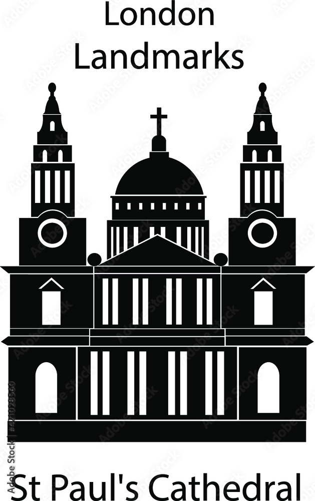London landmarks in black and white colors. London city illustration, Saint Paul's Cathedral.