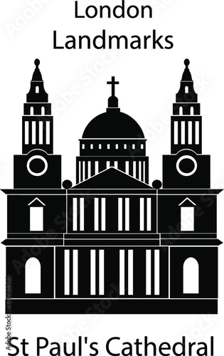 London landmarks in black and white colors. London city illustration, Saint Paul's Cathedral.