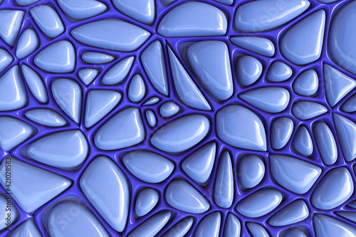3d Voronoi effect render, abstract blue fragments, broken background. Polygonal mosaic elements. Split geometric object. Modern minimal design