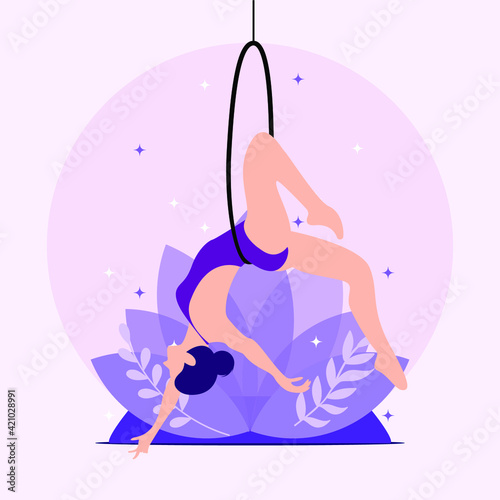 Aerial dancer  vector illustration. Young woman performer on a hoop. Aerial dancer logo icon. Silhouette of a gymnast in the hoop . Air gymnastics concept. Aerial yoga. Flexible dancer on the hoop