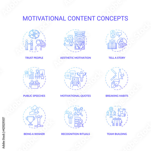 Motivational content concept icons set. Making people feeling inspirational idea thin line RGB color illustrations. Achieving goals and willingness. Vector isolated outline drawings