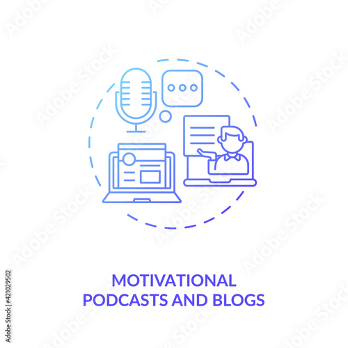 Motivational podcasts and blogs concept icon. Inspiration from people idea thin line illustration. Listening to audiobook and reading quotes. Vector isolated outline RGB color drawing