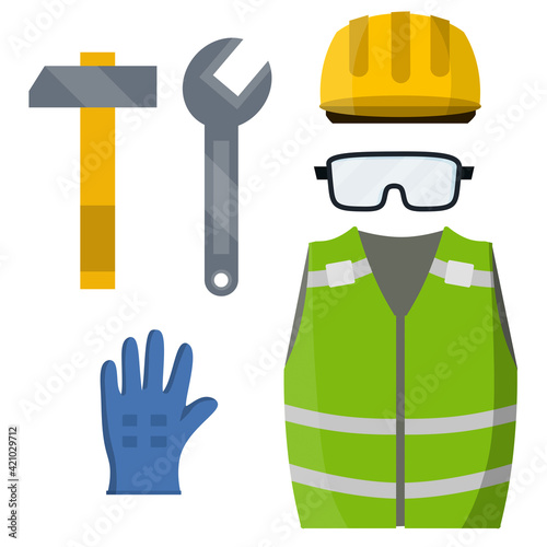 Set of clothes Builder and worker. Green vest, helmet, glasses, gloves, hammer, wrench. Repair and maintenance. Safety and tools. Cartoon flat illustration