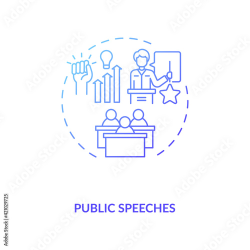 Public speeches concept icon. Coaching and motivation idea thin line illustration. Inspirational information for visitors of webinars. Meeting with coach. Vector isolated outline RGB color drawing