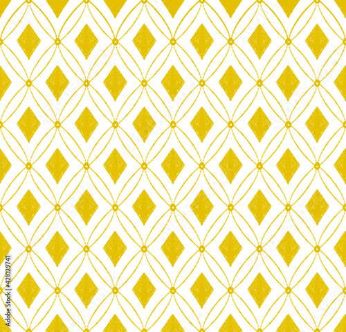 Yellow rohmbus ornament on a white background. Modern seamless pattern. Fashion fabric in modern style. Bright geometric print for packaging design. Vintage wallpaper