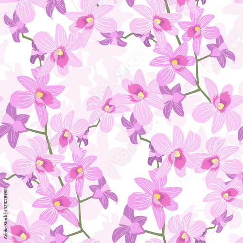 Blooming orchids seamless pattern. Spring. Delicate beautiful floral background. Pink flowers isolated on white. Vector illustration