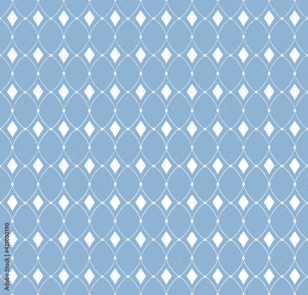 White geometric seamless pattern on a cerulean blue background. Trendy fabric design. Elegant monochrome ornament for wallpaper and packaging paper. White geometric seamless pattern on a cerulean blue background. Trendy fabric design. Elegant monochrome ornament for wallpaper and packaging paper.