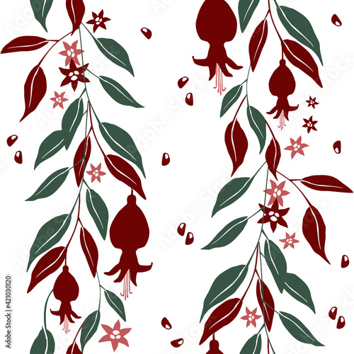 Seamless pomegranate pattern with leaves, branches, flowers on a white background
