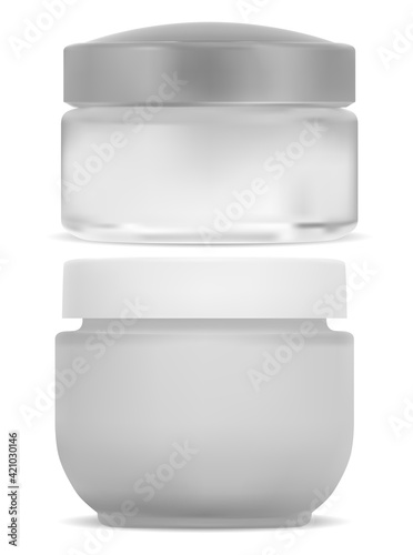 Cosmetic cream jar, white round container. Plastic can mockup for face creme. Empty face powder packaging blank. Lotion jar isolated on white background. Simple plastic package, ointment jar
