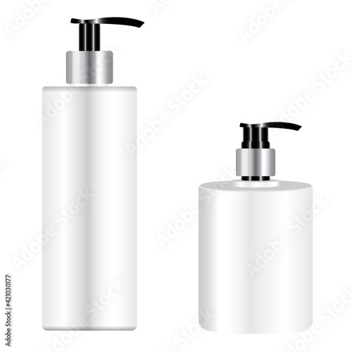 Pump bottle mockup. Cosmetic shampoo dispenser. Liquid soap plastic pump dispenser bottle, 3d vector isolated on white background. Plastic beauty package, hand detergent, cleanser bottle
