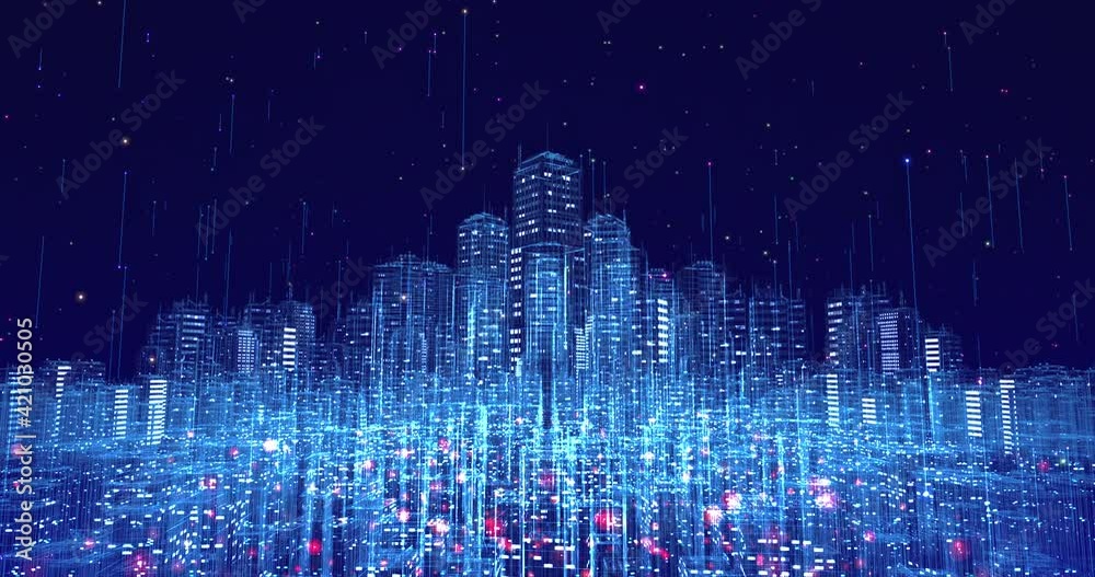 Flying Through The Digital Developed City With Numbers and Grids. Technology and Business related 4K 3D animation.