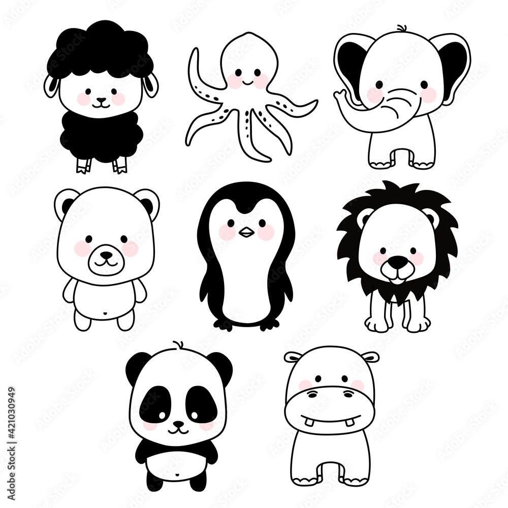 Fototapeta premium Cute black and white animals set icon
