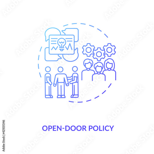 Open-door policy concept icon. Opportunity of choosing idea for projects idea thin line illustration. Speaker of motivational conference. Coaching. Vector isolated outline RGB color drawing