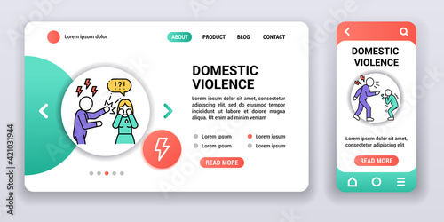 Domestic violence web banner and mobile app kit. Family bullying . Outline vector illustration.