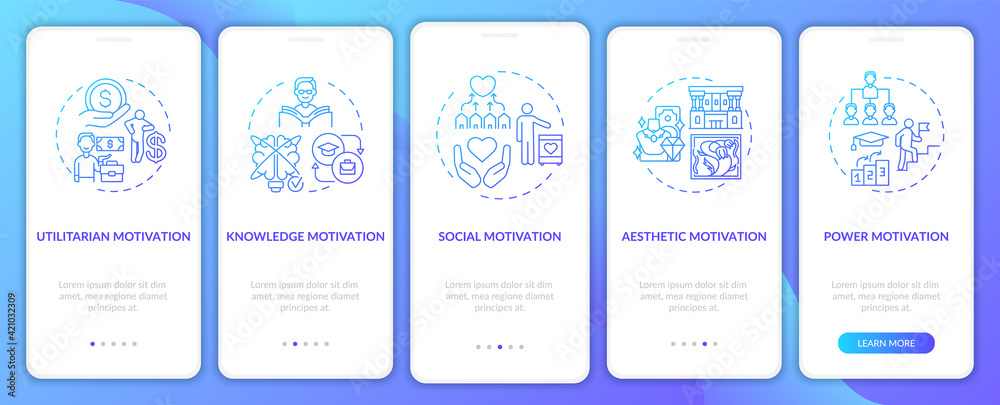 Motivational factors onboarding mobile app page screen with concepts. Inspiration for work and education walkthrough 5 steps graphic instructions. UI vector template with RGB color illustrations