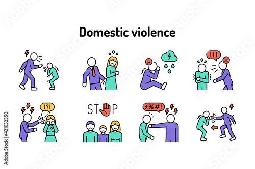 Domestic violence color line icons set. Harassment, social abuse and bullying. Signs for web page, mobile app, button, logo. Editable stroke