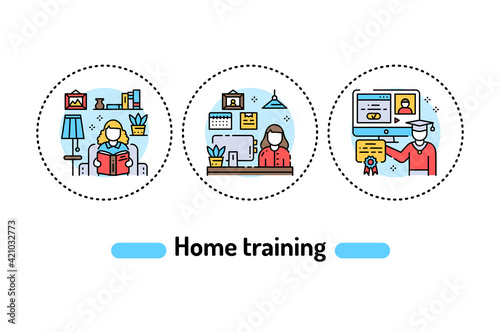 Home training color line icons concept. Daily routine. Vector isolated illustration. Editable stroke.