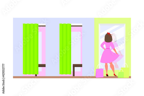 Girl try on dress front of mirror in fitting room. Concept spring sale, shopping. Vector illustration in flat style.