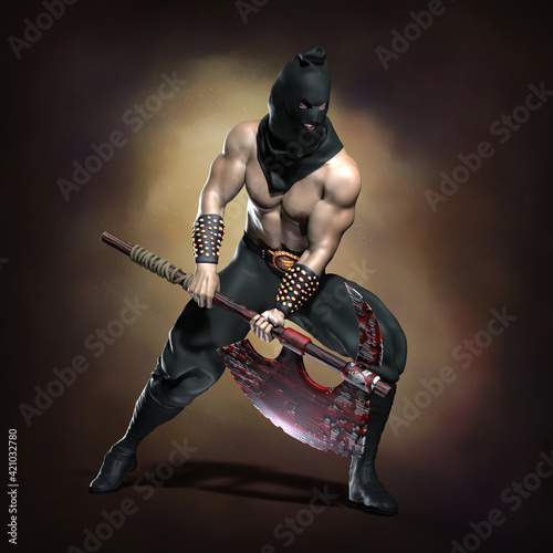 An executioner with a bloody axe. 3d illustration