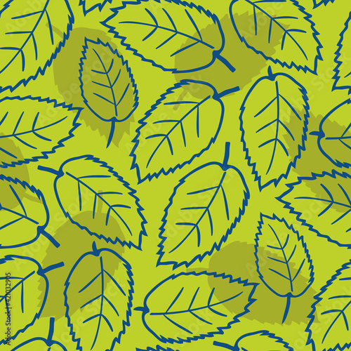 Elm leaf seamless vector pattern background. Hand drawn line art single leaves and silhouette shadow on sage green backdrop. Dense botanical design. Foliage repeat print for nature wellbeing concept