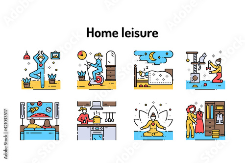 Home leisure color line icons. Homework and hobby: Cleaning, Cooking, Yoga, Sport. Vector isolated illustration. Editable stroke.
