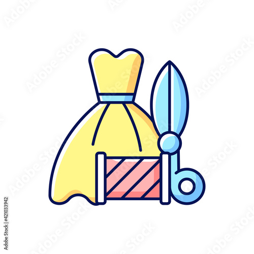 Wedding and prom gown alterations RGB color icon. Dress sewing and fixing in professional workshop. Garment restoration. Clothing alteration and repair services. Isolated vector illustration