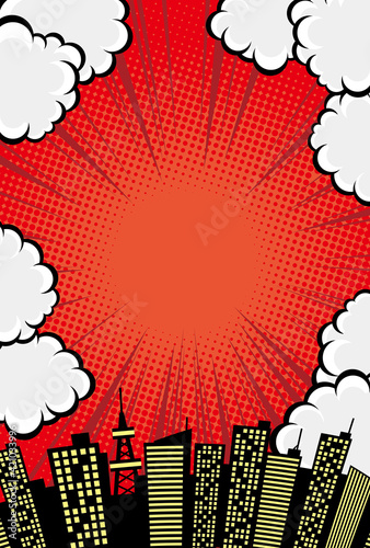 コミックアート風の雲と空と都市の背景素材