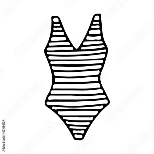 Fashionable women's bathing suit. Bikini with striped print. Summer swimwear. Sea and rest. Vector illustration hand drawn in outline style doodle.