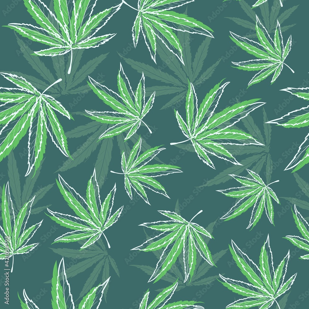 Green seamless pattern with medical herbs to smoke. Repetitive background with marijuana and cannabis leaves. Natural illustration of hemp.