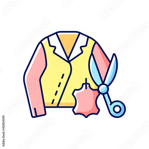Leather and suede repair RGB color icon. Damaged apparel. Tailor salon. Sewing custom jacket. Garment restoration. Clothing alteration and repair services. Isolated vector illustration