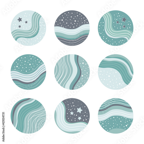 Highlight Icons set. Instagram Story Icons. Abstract simple shapes covers. Stone texture, sea, space. Modern minimalist graphic design. Green color.
