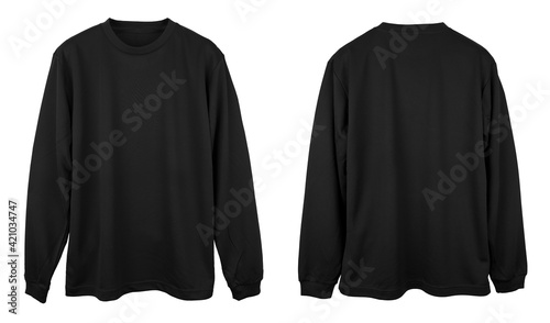 Blank long sleeve T Shirt color black template front and back view on white background
 photo