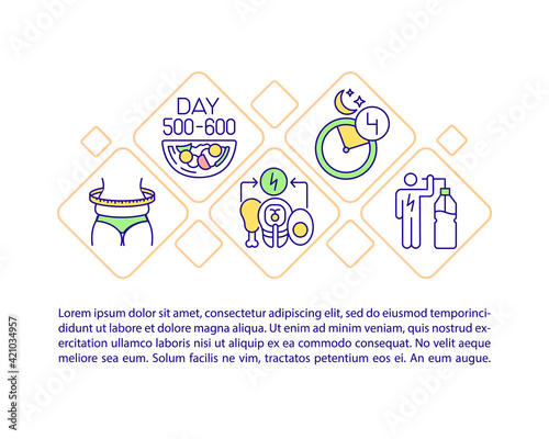 Weight loss concept icon with text. Healthy eating, metabolism. Low calorie food and drink. PPT page vector template. Brochure, magazine, booklet design element with linear illustrations