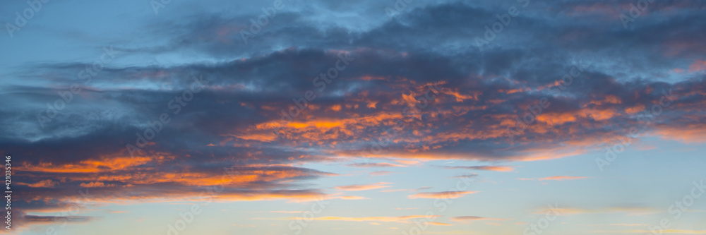Colorful sky with clouds at sunset, panoramic nature background and web banner