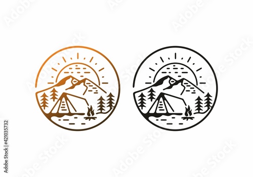 Brown orange and black color of camping area line art illustration