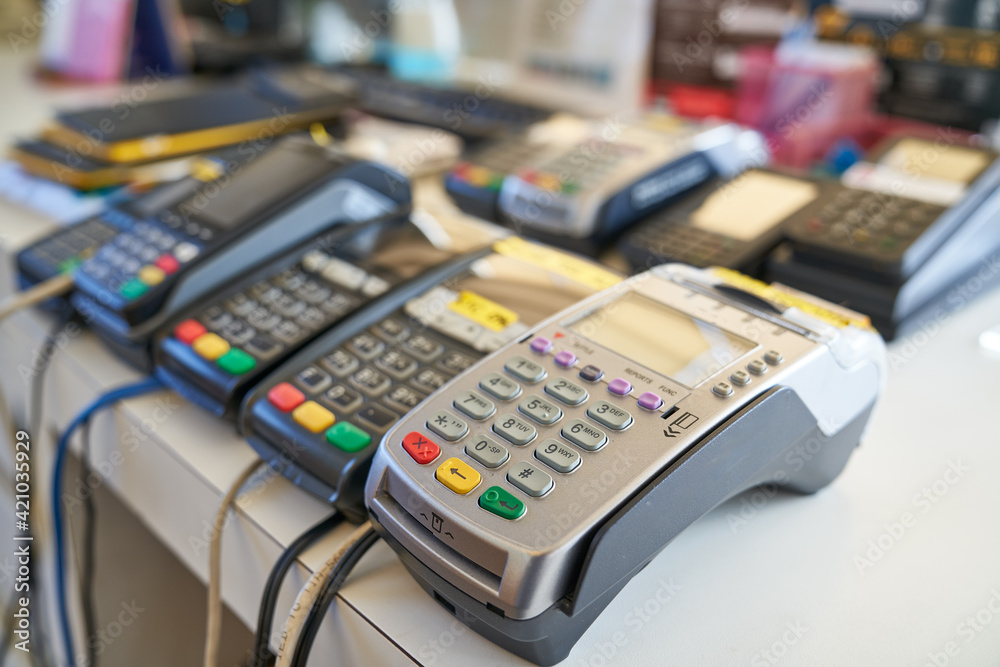 group of Electric Data Capture payment station in office wait for customer paid service cost of transportation garage group of Electric Data Capture payment station in office wait for customer paid service cost of transportation garage