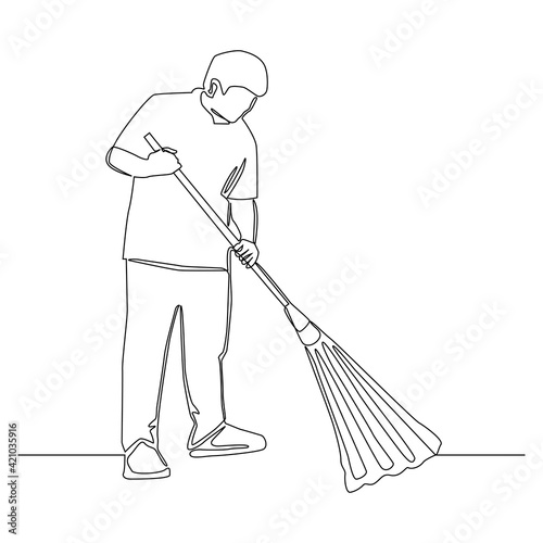 Continuous drawing line of man holding broom sweepig the ground vector